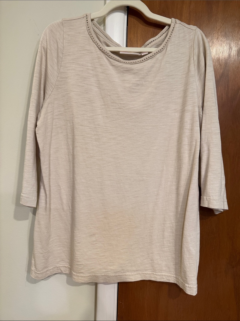 Belle by Kim Gravel Light Cream Three-Quarter Sleeve Crewneck Top